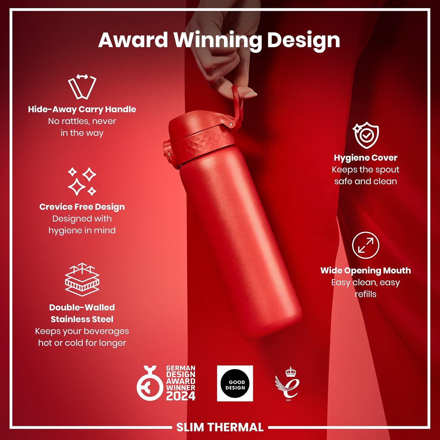 Detalle de ION8 Vacuum Insulated Steel Water Bottle, 500 ml/17 oz – Leak‑proof, easy to open, and dishwasher safe