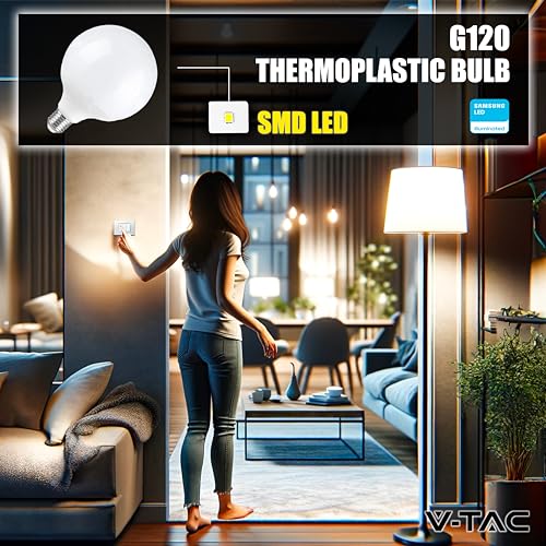 Detalle de V-TAC Bombilla LED Globo E27-22W (Equivalente a 155W) G120-2600 Lumen, 3000K – Máxima eficiencia para iluminación general