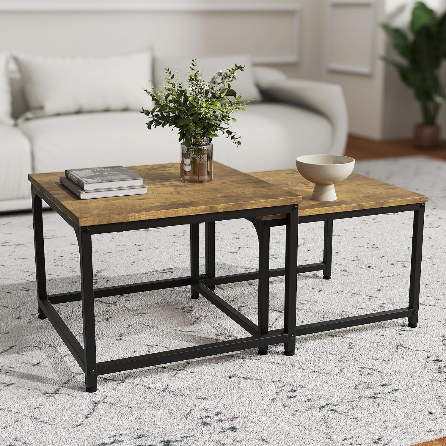 Thumbnail 6 de Hawthyhome Lot de 2 tables basses rondes en bois avec cadre en métal – élégance vintage pour salon et chambre