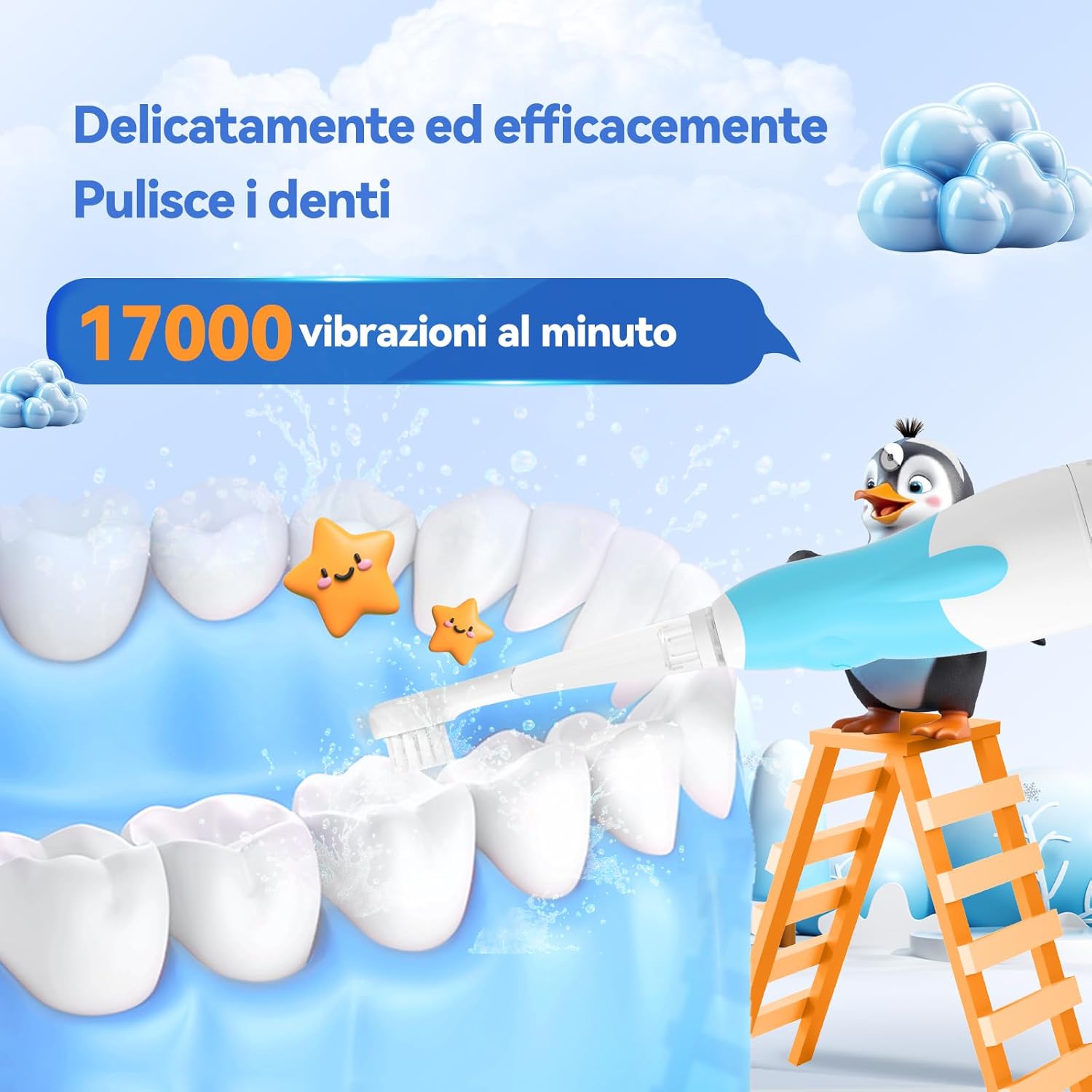 Thumbnail 2 de Spazzolino elettrico bambini 0-3 anni Penguin SG-513 blu con base a ventosa e 4 testine