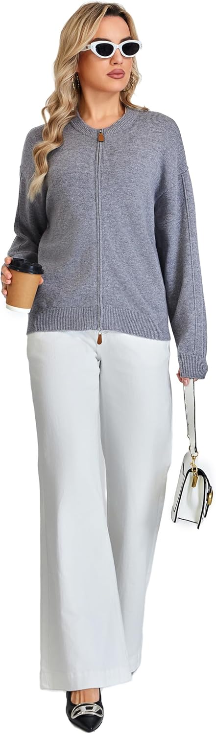 Thumbnail 5 de VETLURY Damen-Strickjacke aus 100% Merinowolle mit Doppelreißverschluss (Rundhals Cardigan) für die Übergangszeit