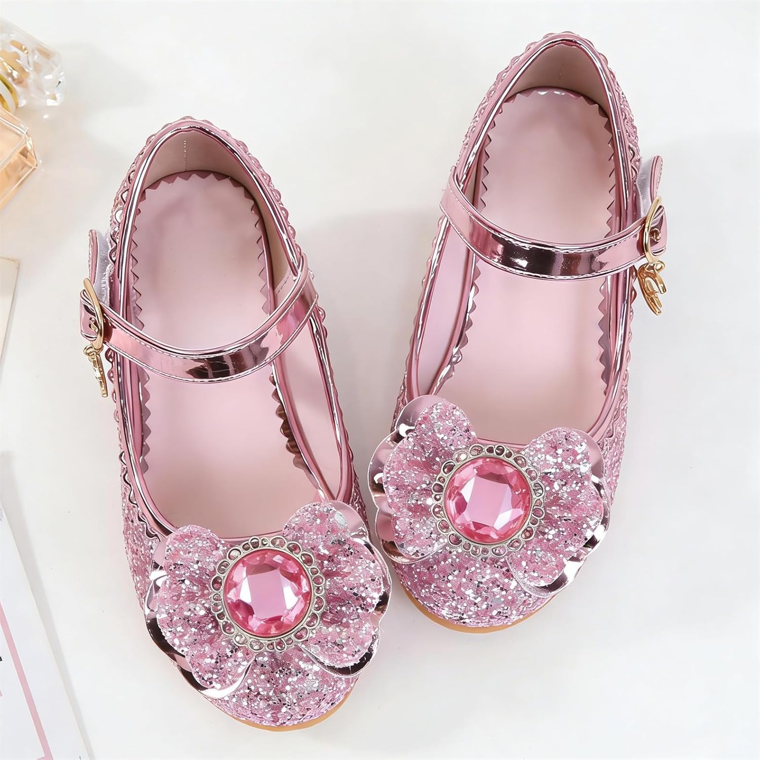 Detalle de FStory&Winyee Mädchen Prinzessin Sandalen mit Absatz – Elsa-inspiriert, Glitzer & Kristalle, Rosa, Größe 36 EU