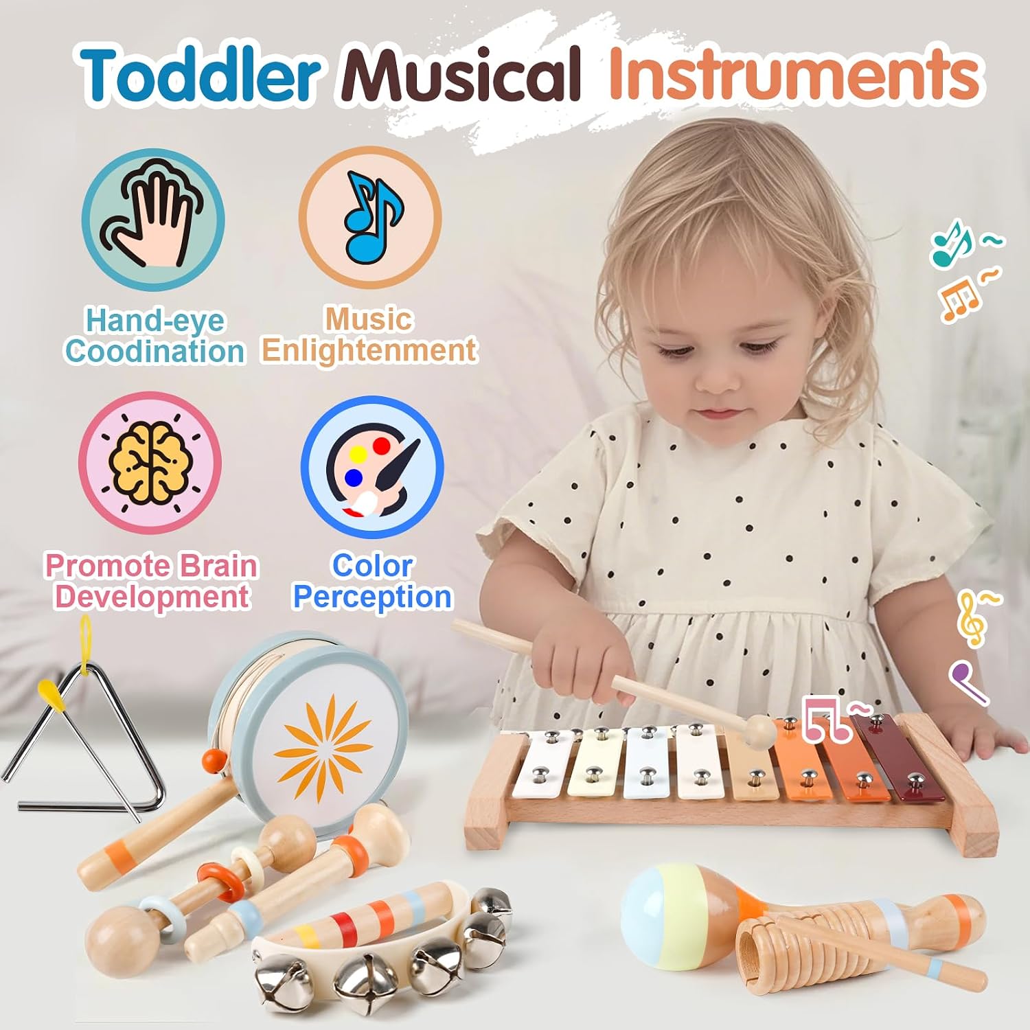Detalle 2 de Wooden Toddler Musical Instruments Set 9PCS โ Montessori xylophone ๐ถ