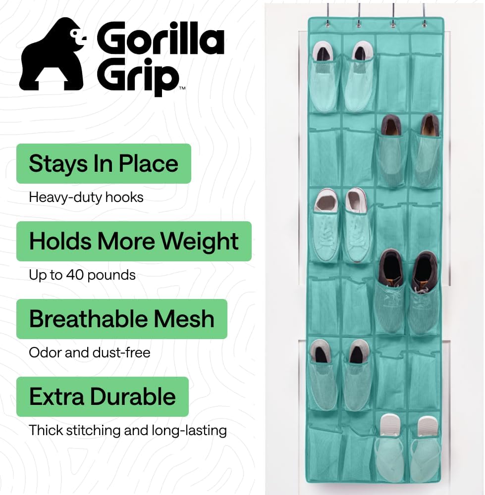 Thumbnail 1 de Gorilla Grip Large Over-the-Door Shoe Organizer with Breathable Mesh (24 Pockets) — Up to 40 lb, Turquoise (1-Pack)