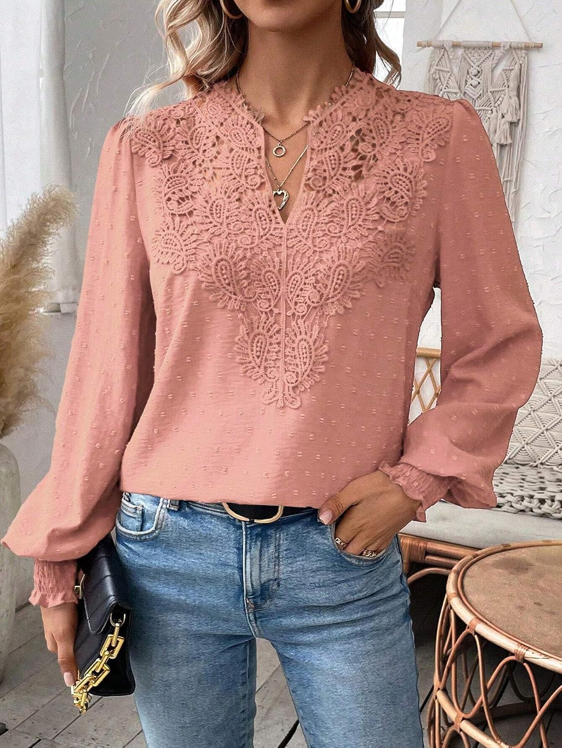 Detalle 2 de LEKOPUR Bluse Langarmshirt – Elegantes Chiffon-Top mit V-Ausschnitt
