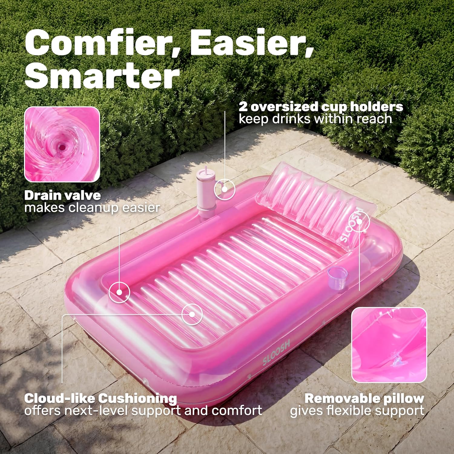 Detalle de SLOOSH Inflatable Tanning Pool Lounger Float (70" x 46"), Pink - 4-in-1 Suntan Tub Raft