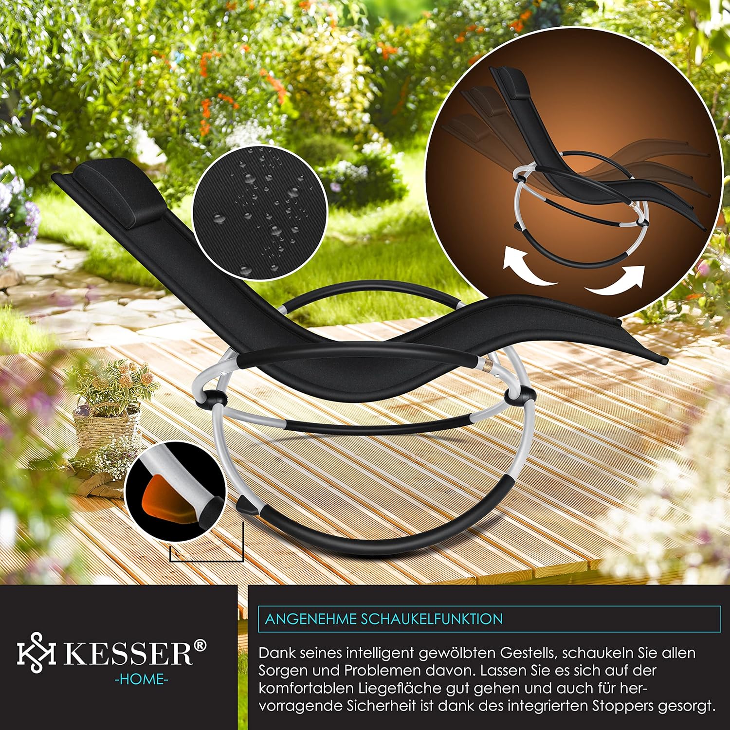 Thumbnail 4 de KESSER® Relaxliege Liegestuhl – ergonomische, klappbare Gartenliege mit wetterfestem Design (bis 180 kg) in Schwarz