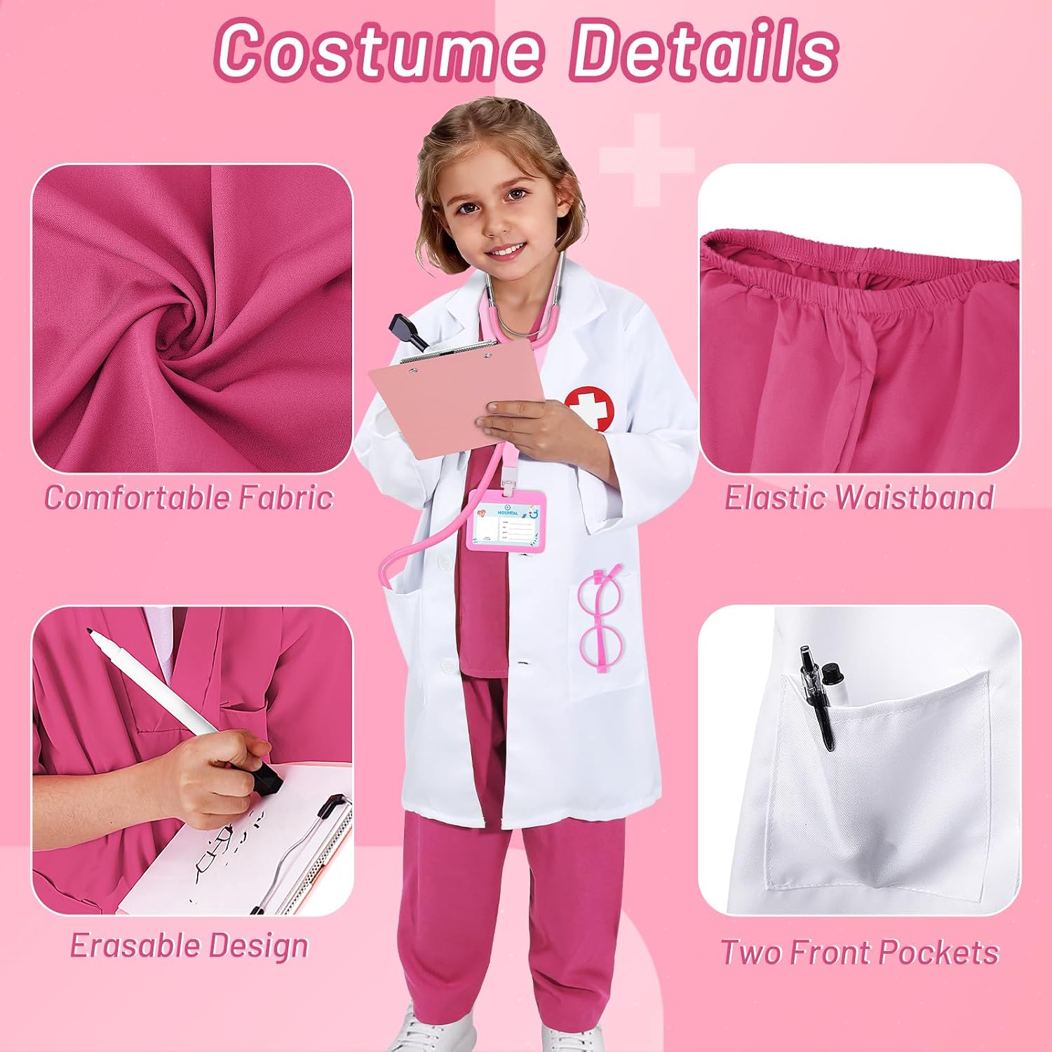 Detalle de Wuclad 12-Piece Kids' Doctor Costume with Scrubs, Lab Coat and Stethoscope