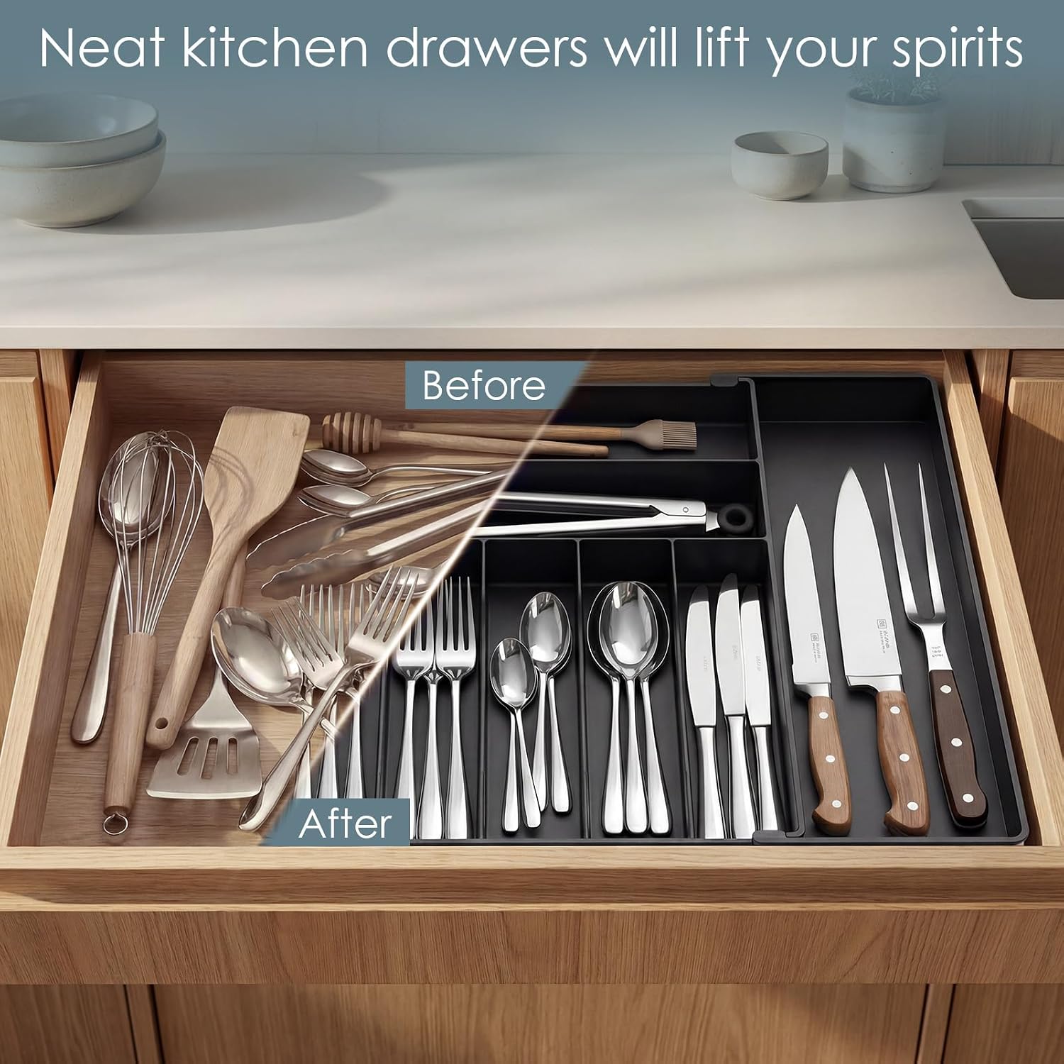 Thumbnail 3 de CCWOFF Expandable Silverware Organizer, 9 Compartments, Stainless Steel Frame, Black