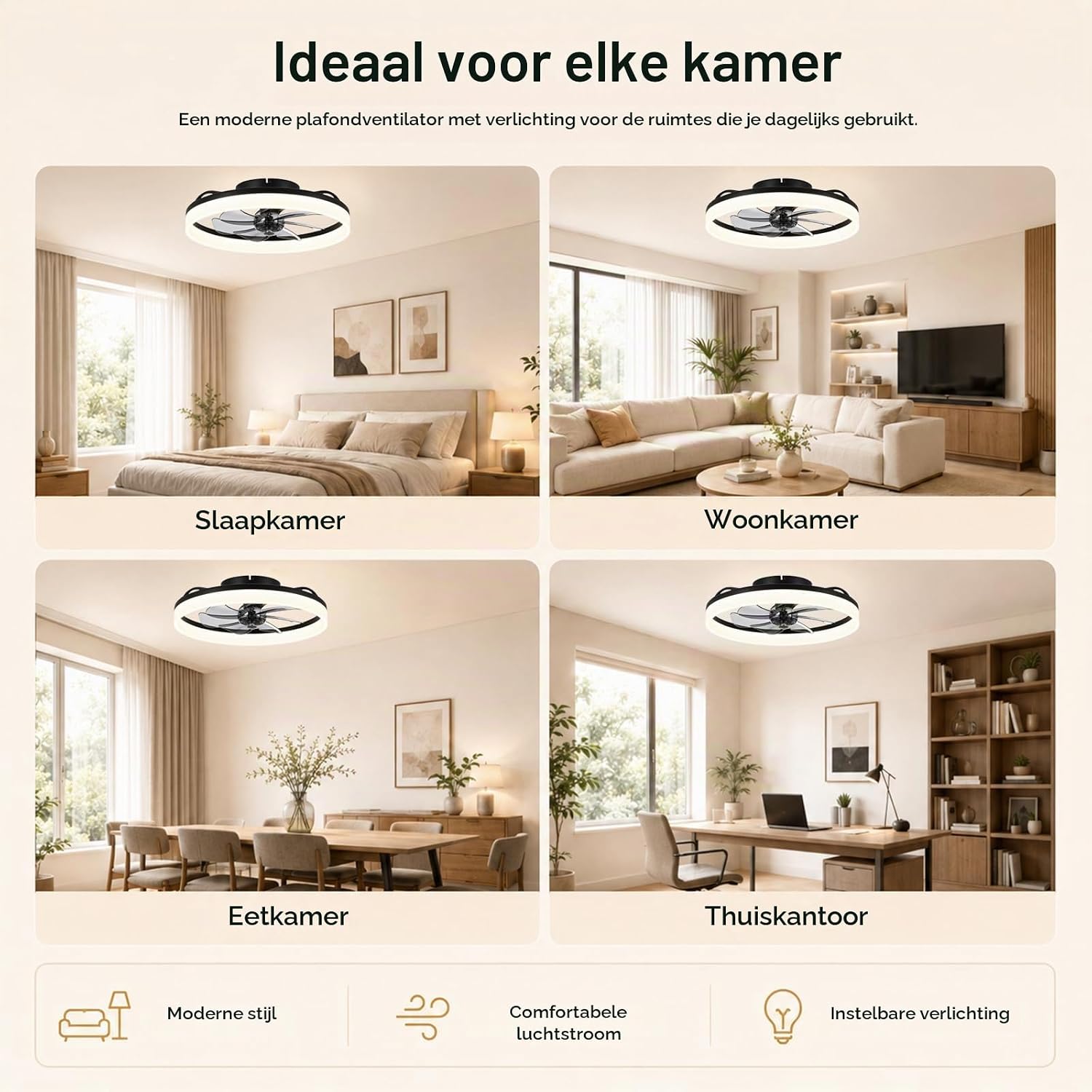 Detalle de MOSSCO plafondventilator 50 cm met dimbare led, 6 snelheden en afstandsbediening