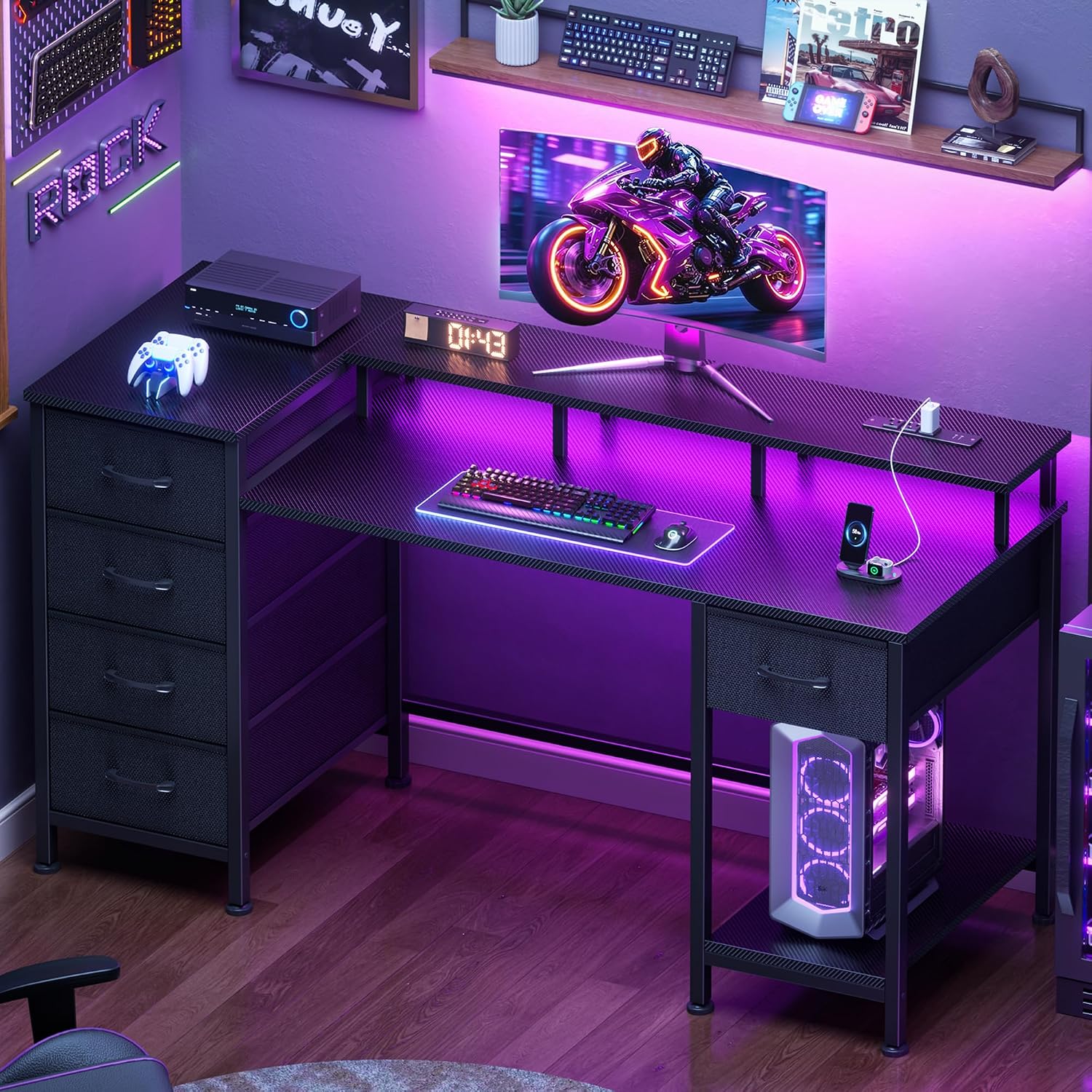 Thumbnail 2 de Korfile CD031 47-Inch Gaming Desk with RGB Lights, Charging Ports and 5 Drawers