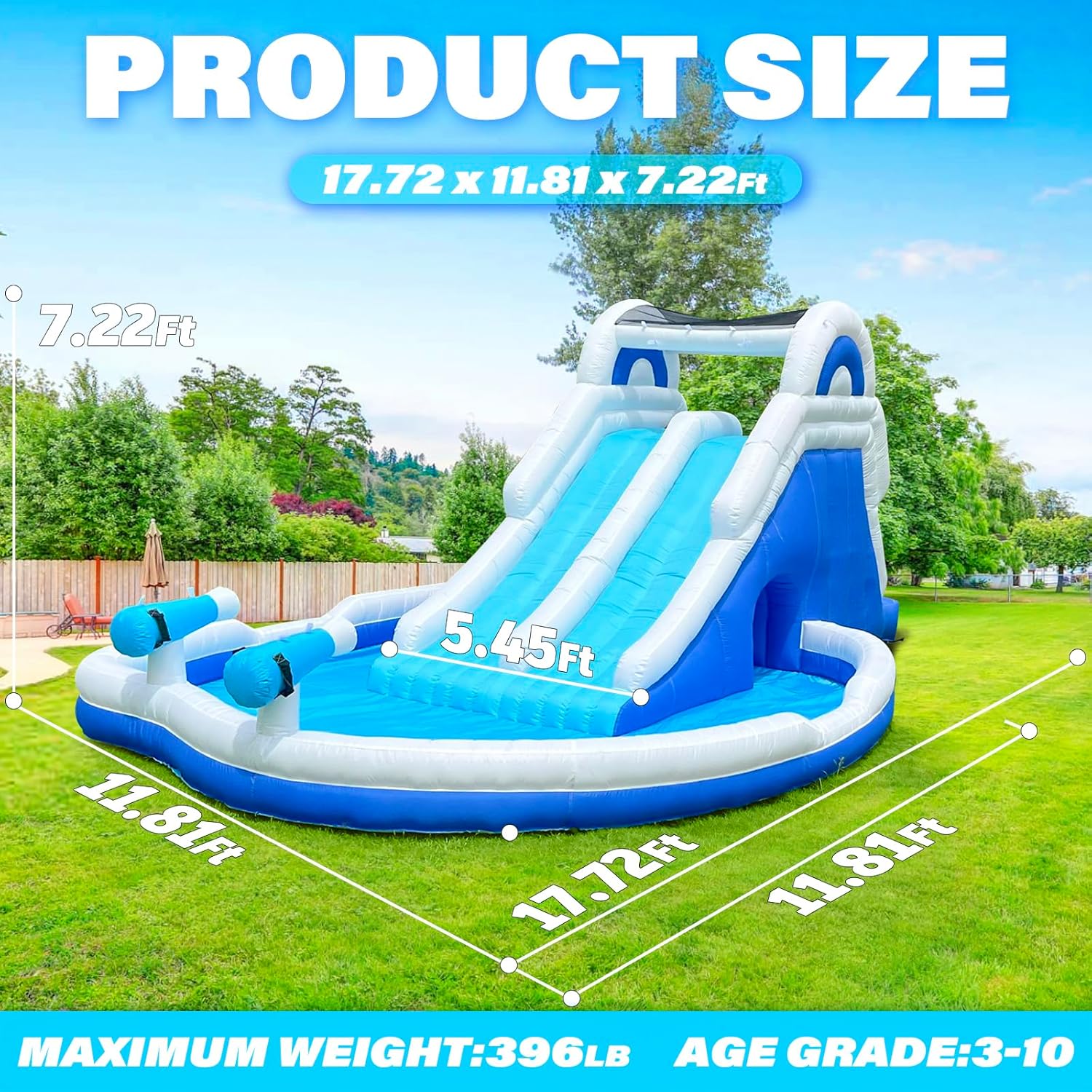 Detalle de Inflatable Double Water Slide - 17.7FT Large Climber Water Park for Big Kids (5-10) with Splash Pool