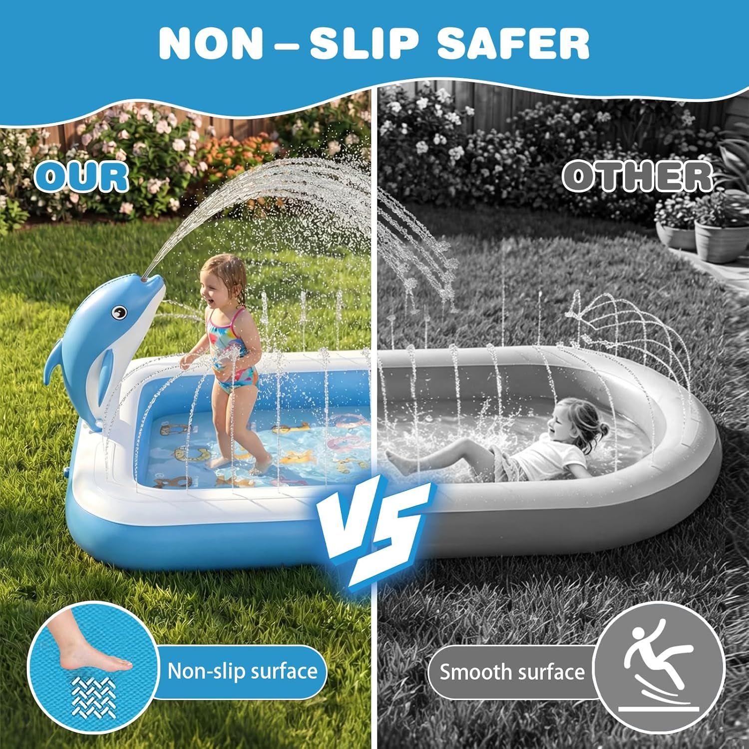 Thumbnail 3 de Splash Pads for Toddlers 1-3 Dolphin Sprinkler: 68" Backyard Inflatable Kiddie Pool