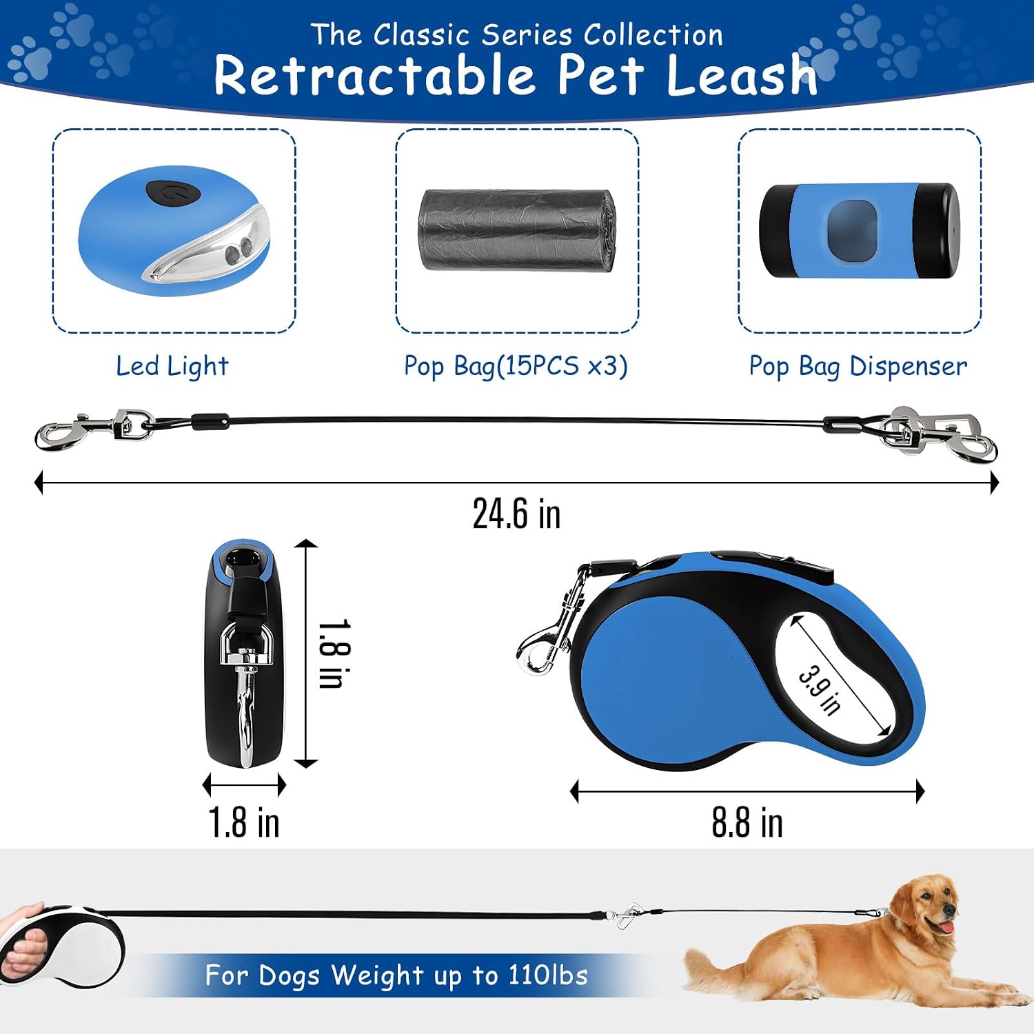 Detalle 2 de VTOPVMAX Retractable Dog Lead (8m/26FT) with Chew-Proof Cable, LED Light & One-Hand Brake (Blue) for Medium/Large Dogs up to 50kg