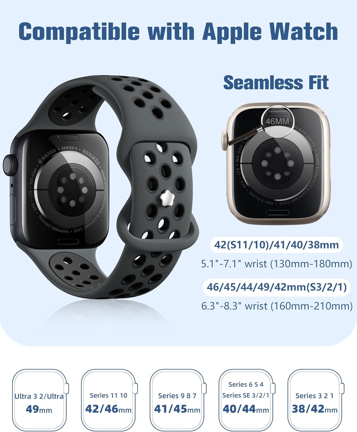 Thumbnail 5 de Adorve 4 Pack Breathable Sports Strap for Apple Watch (42–49mm) – Soft Silicone, Secure Fit