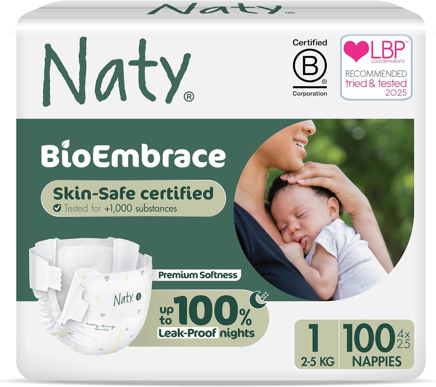 Detalle de Naty BioEmbrace Baby Newborn Nappies Size 1 (2–5kg) – 100 Count