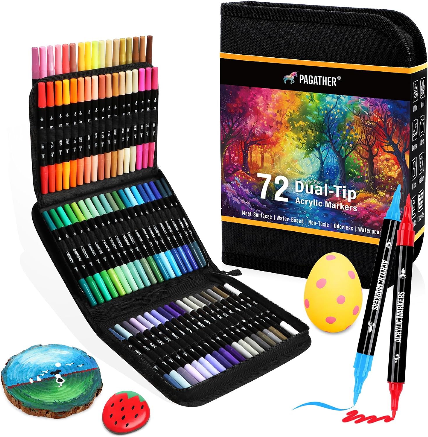 Pagather 72 Colors Acrylic Paint Markers (Dual Tip: Fine + Brush Tip) for Stone, Wood, Canvas, Ceramic & More