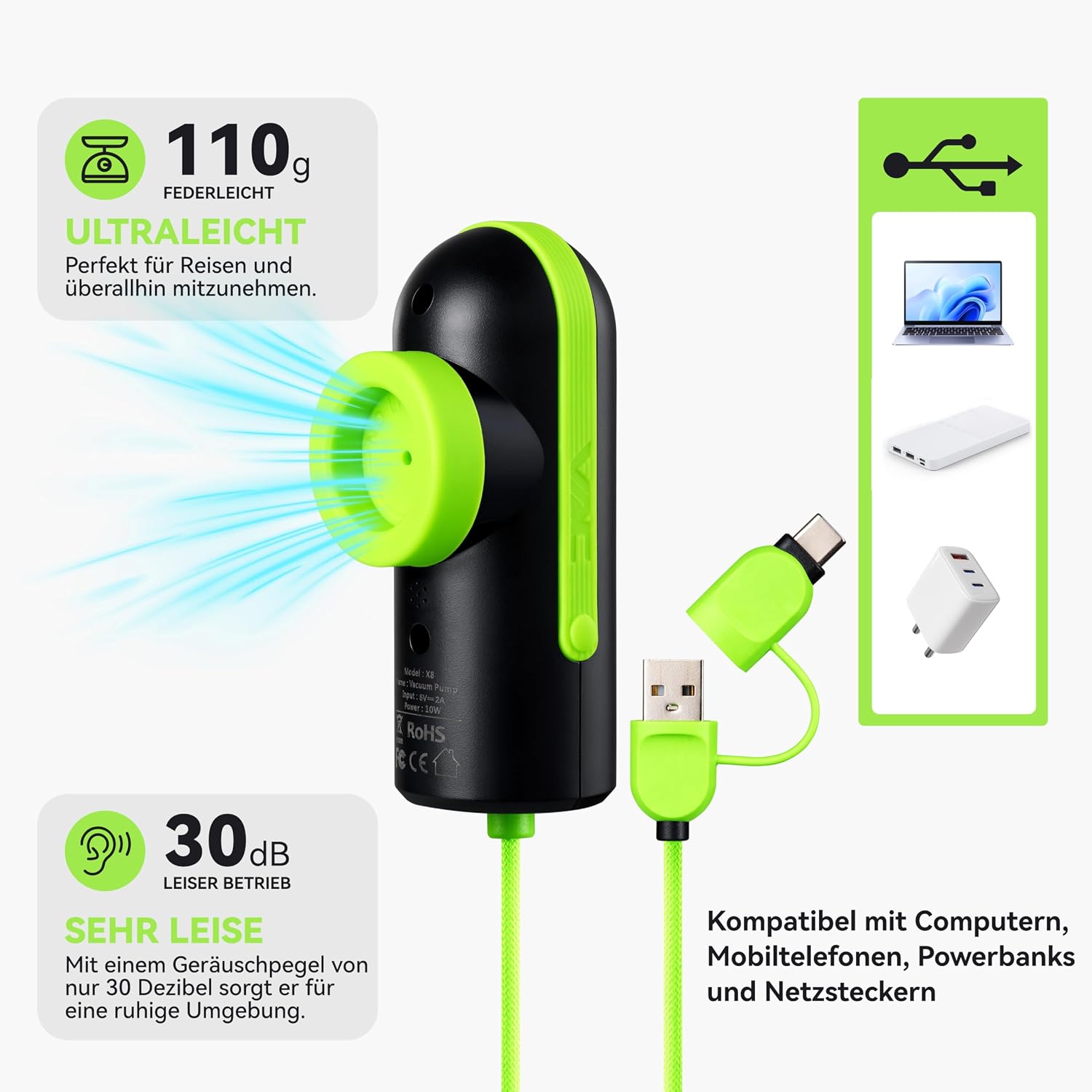 Detalle de VACKFOX Vakuumbeutel mit elektrischer Pumpe – USB Type-C, 15er-Set, grün