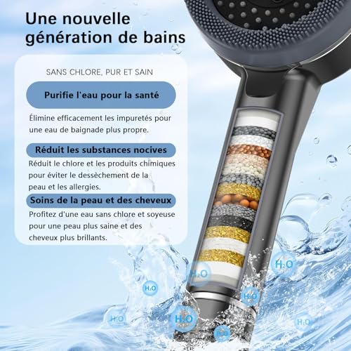 Thumbnail 1 de Pommeau de douche anti calcaire Arbudspro – Haute Pression avec 3 filtres, tuyau 1,5 m et support, Gris
