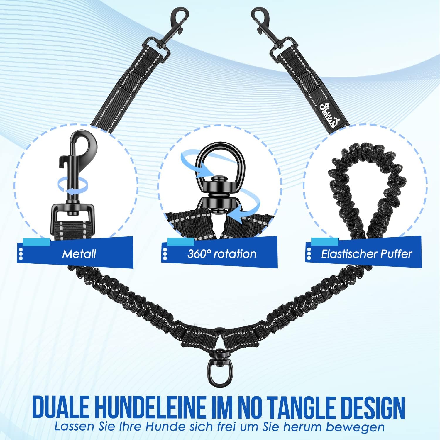 Detalle de SlowTon Doppelleine für 2 Hunde mit 360° Drehverschluss und stoßdämpfender Bungee – reflektierend & gepolsterte Griffe