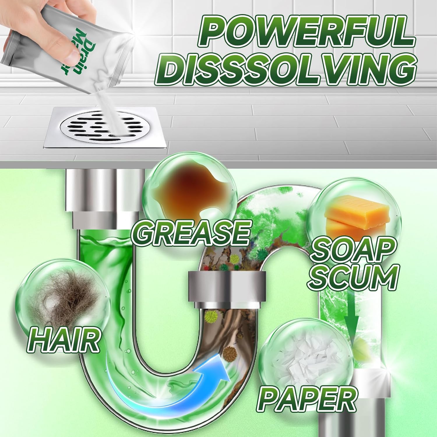 Detalle de Drain Master Drain Cleaner Powder, 5 Pre-Measured Packets for Sinks and Showers
