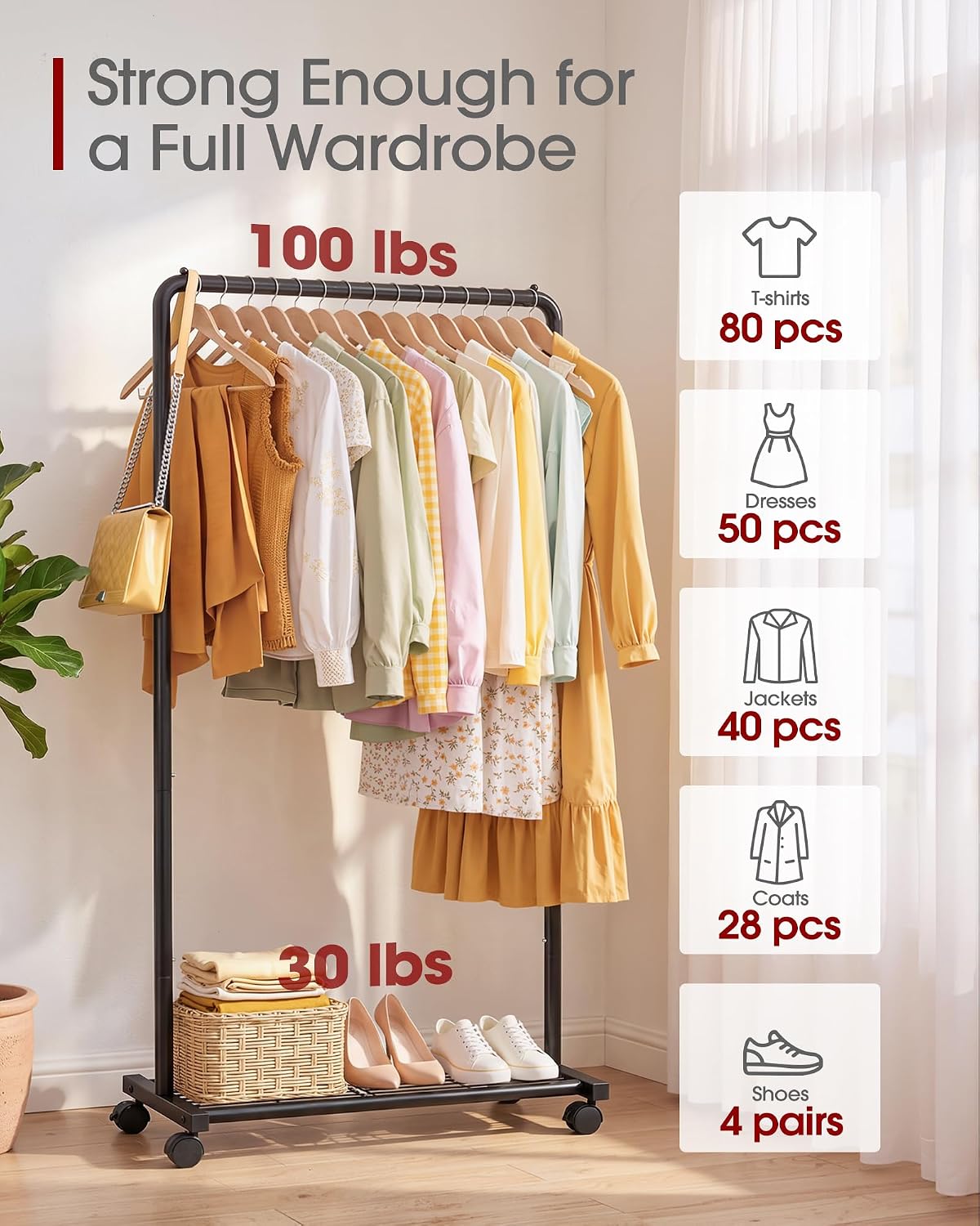 Detalle de Sakugi Clothes Rack with Storage Mesh Shelf & Casters