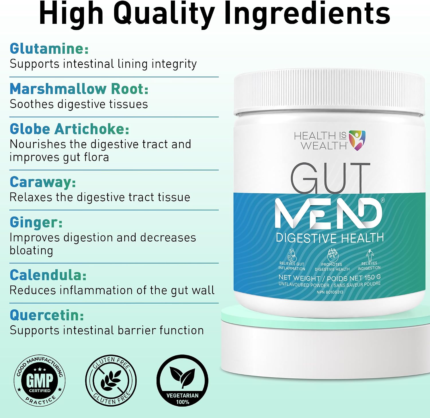 Detalle 2 de Health IS Wealth GutMEND Gut Health Powder, 150 g with L-Glutamine