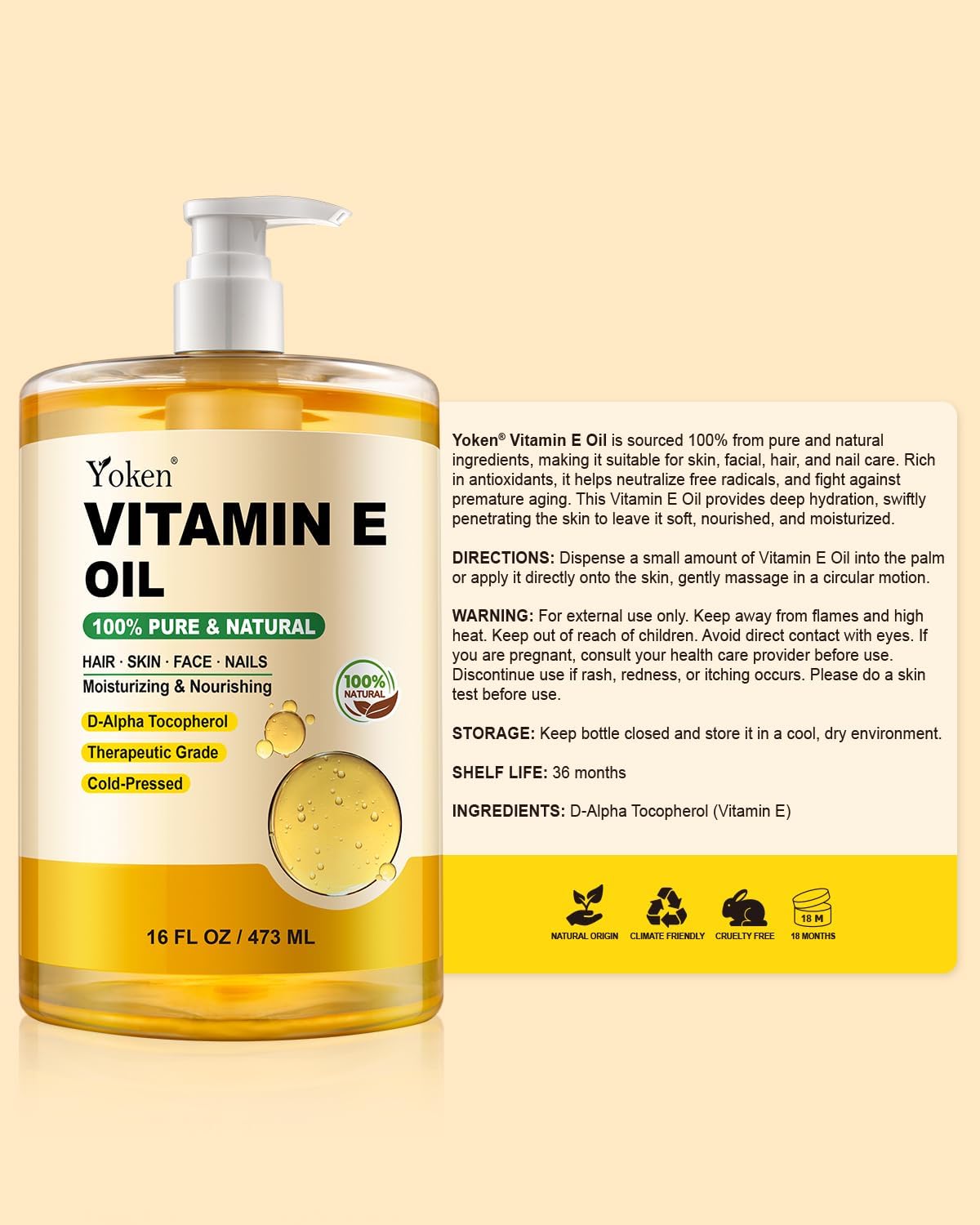 Detalle 2 de Yoken Vitamin E Oil, 16 oz Cold-Pressed Unscented D-Alpha Tocopherol