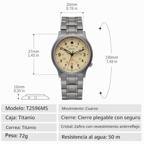 Detalle de BERNY reloj de titanio con movimiento VH31, cristal de zafiro y 5 ATM