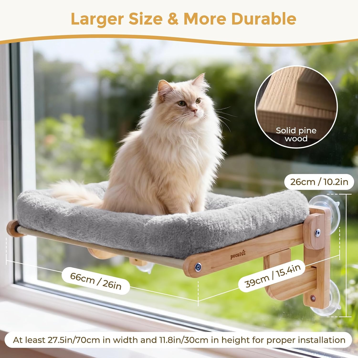 Detalle 2 de Pecute Fensterliege 66x39 cm – Weiche Katzenfensterhängematte mit Massivholzrahmen, Tragkraft bis 18 kg, faltbar, Grau