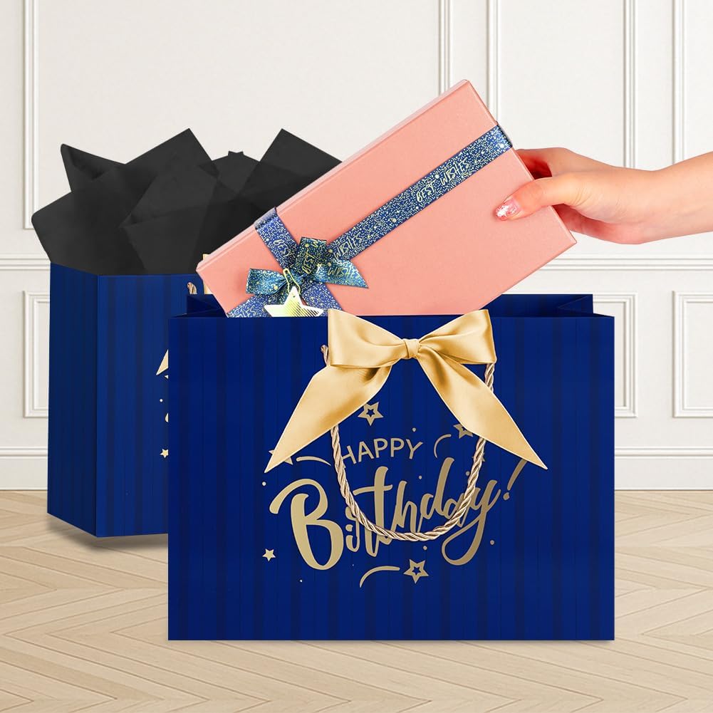 Detalle de AOOSU Geschenktüte Geburtstag – Blau, inklusive Schleife, Grußkarte & Seidenpapier (28×20×10 cm)