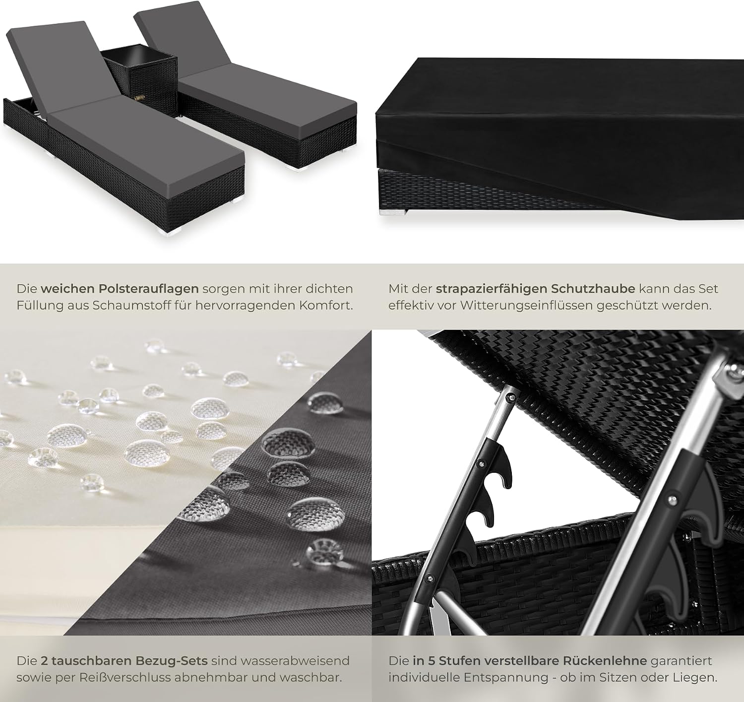 Detalle de tectake® 2er Garten Lounge Sonnenliegen-Set mit Tisch – Aluminium & Outdoor Poly Rattan, inkl. 2 Bezugsets und Schutzhülle