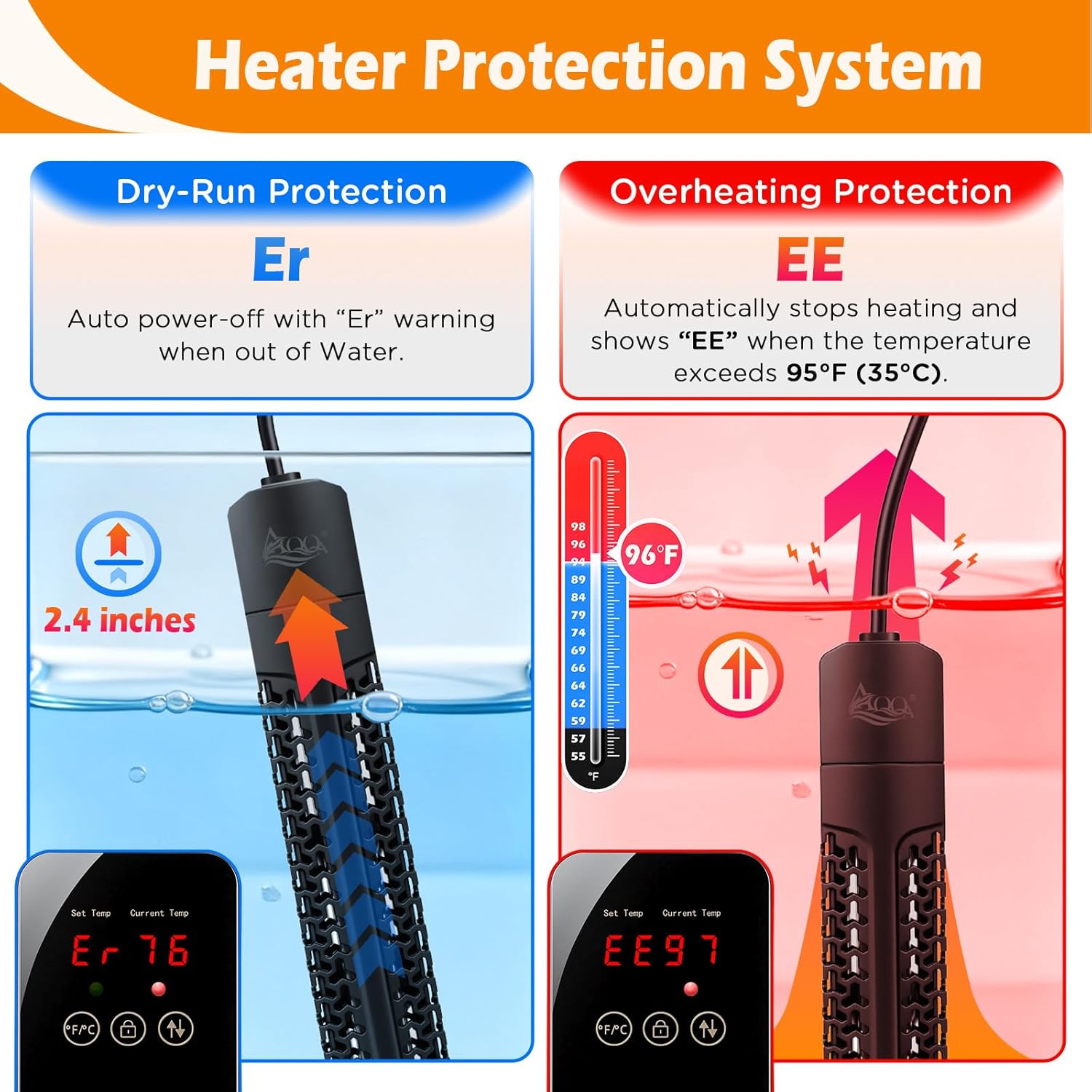 Detalle de AQQA Aquarium Heater 500W with external LED thermostat controller (quartz, submersible) for 200–500L tanks