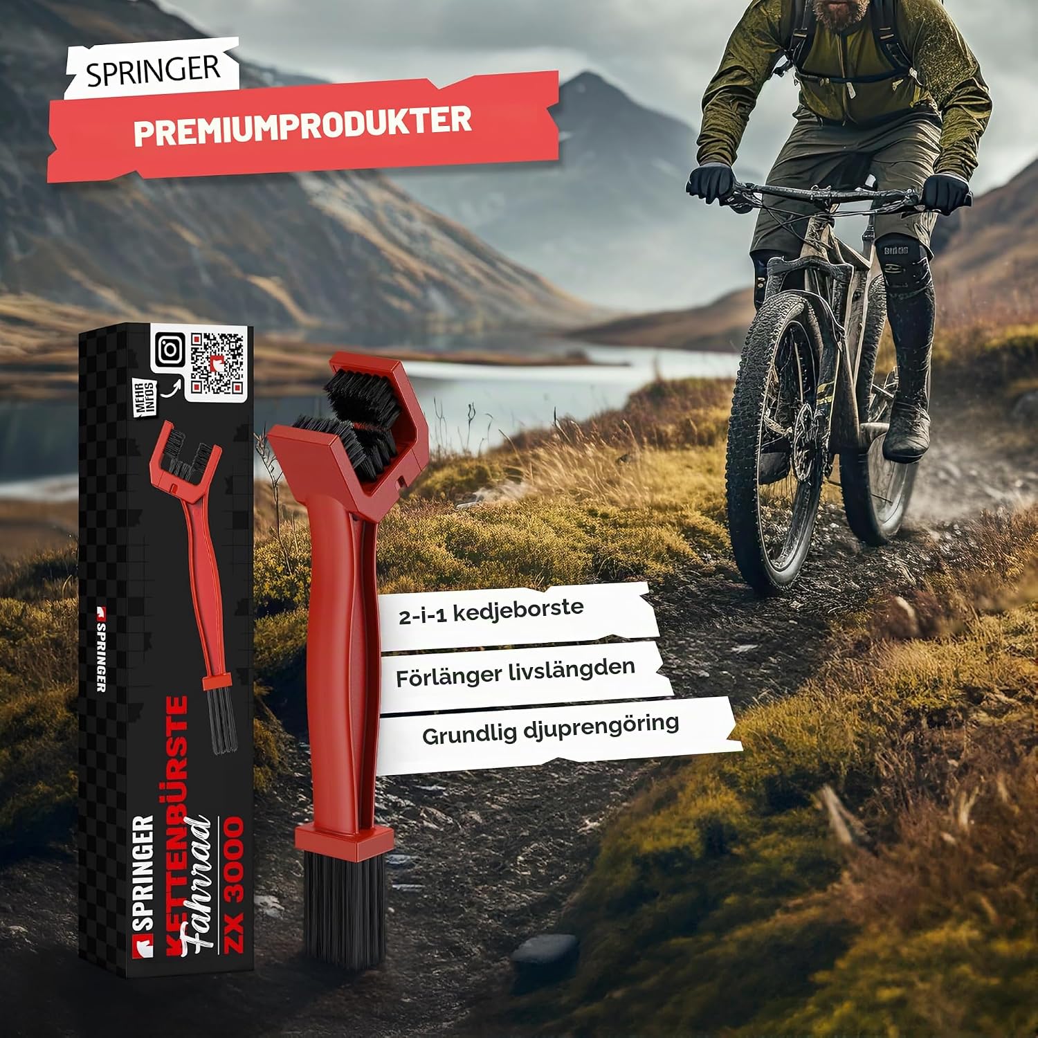 Thumbnail 1 de SPRINGER ZX3000 kedjeborste med dubbelhuvud och nylonborst för cykel och motorcykel