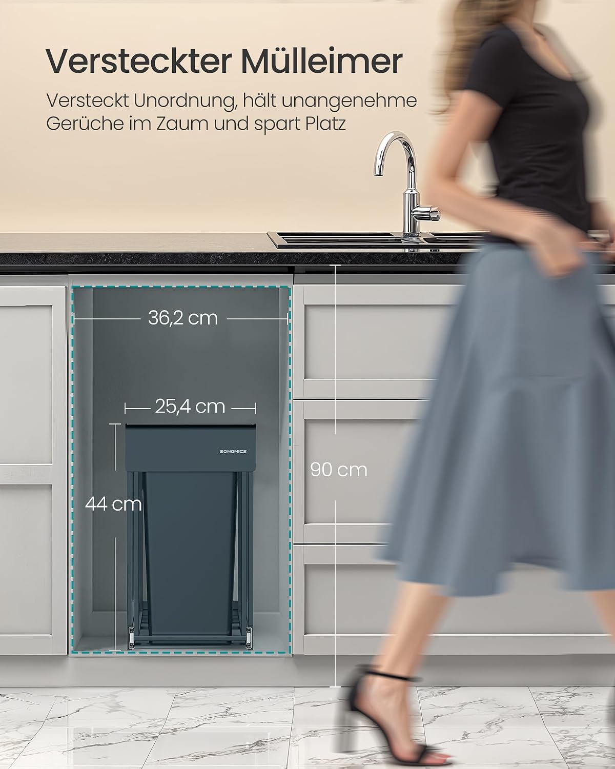 Detalle de SONGMICS LTB950GZ01 Mülleimer für Küchenschrank, Mülltrennsystem mit 2 x 15 L, ausziehbar, grau