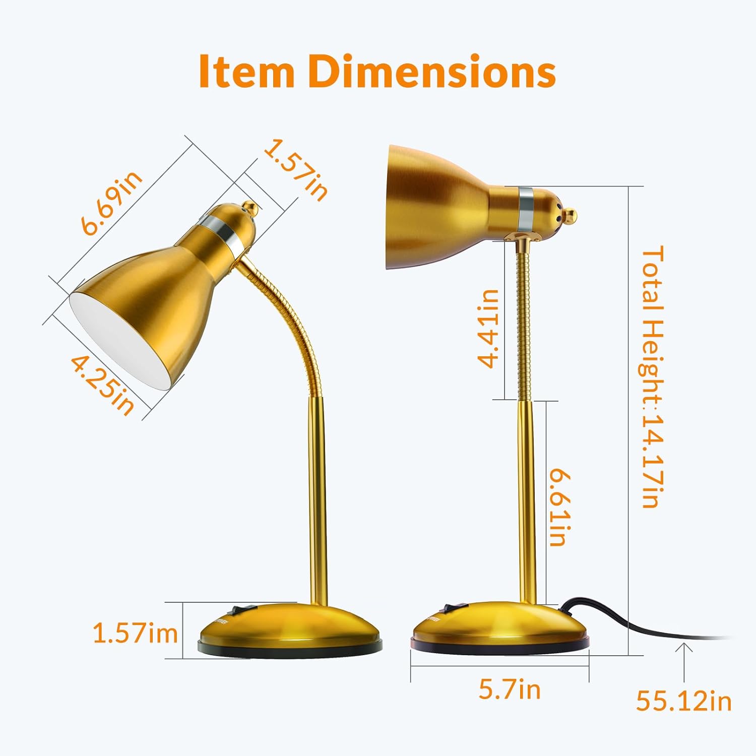 Thumbnail 6 de LEPOWER Metal Desk Lamp with Adjustable Goose Neck (Gold) – E27 table lamp for study, bedroom and office