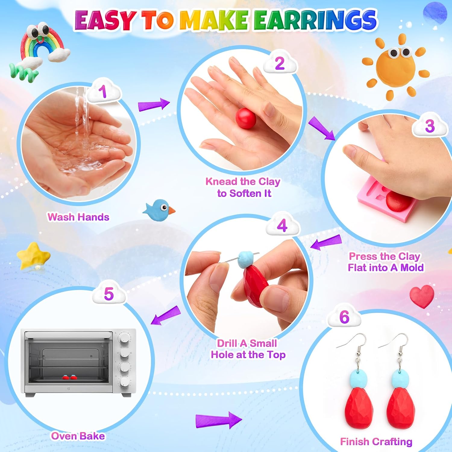Thumbnail 4 de Bridokit 54 Stück Knete Kit – Polymer Clay Set mit 19 Modellierwerkzeugen und 2 Formen für Ohrringe, Haarspangen & mehr