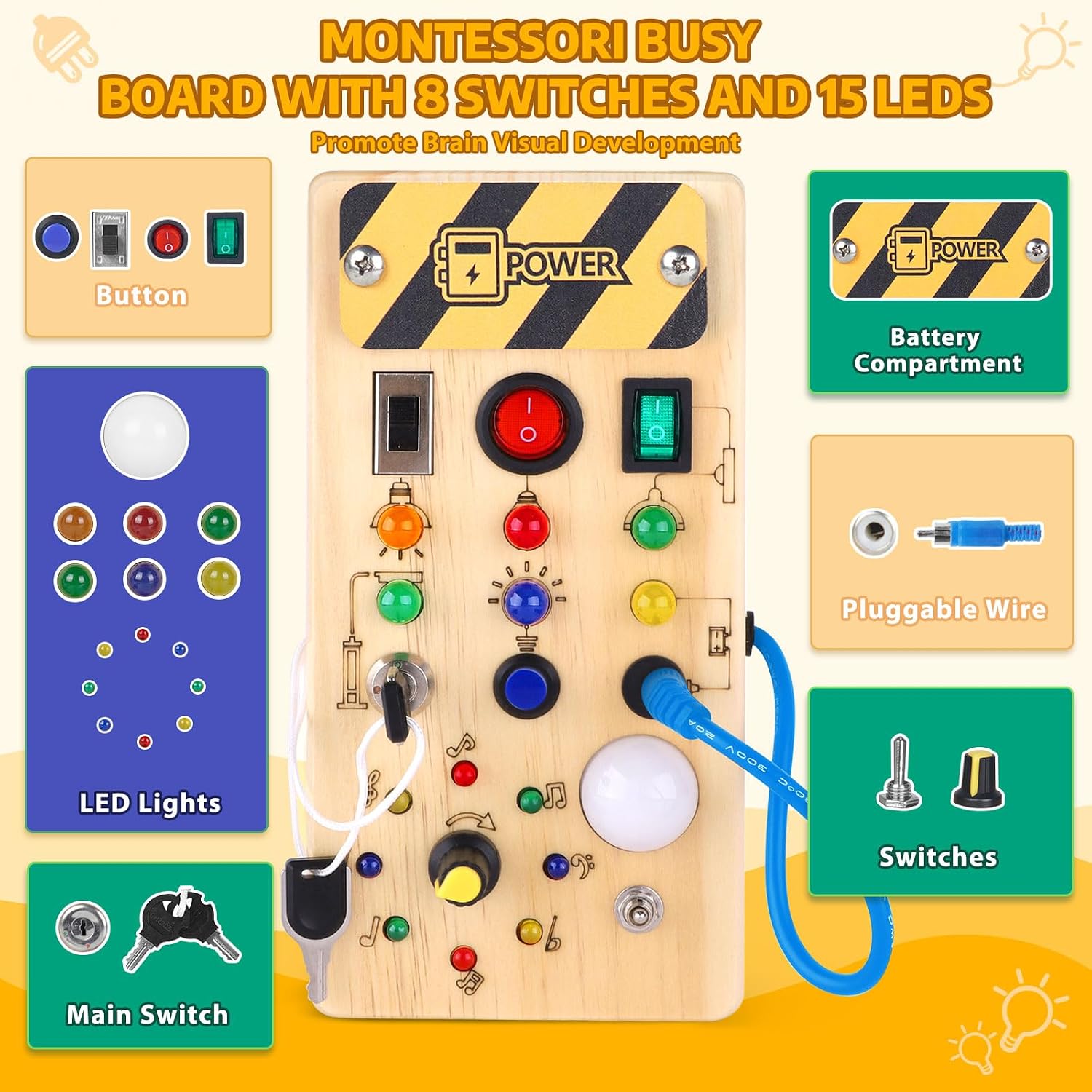 Thumbnail 1 de Konijiwa Montessori Busy Board: Wooden Sensory LED Switch Toy for Toddlers