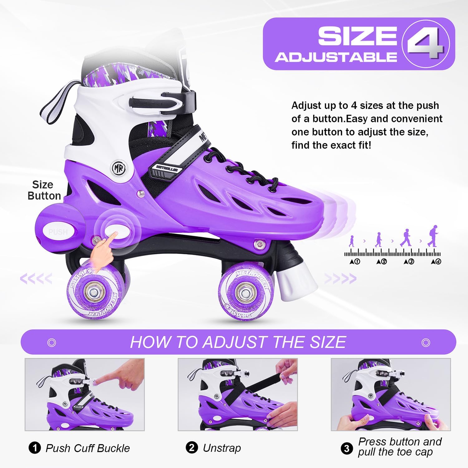 Detalle de METROLLER Adjustable Roller Skates for Kids & Teens (Light-Up Wheels, 4-Size Fit)