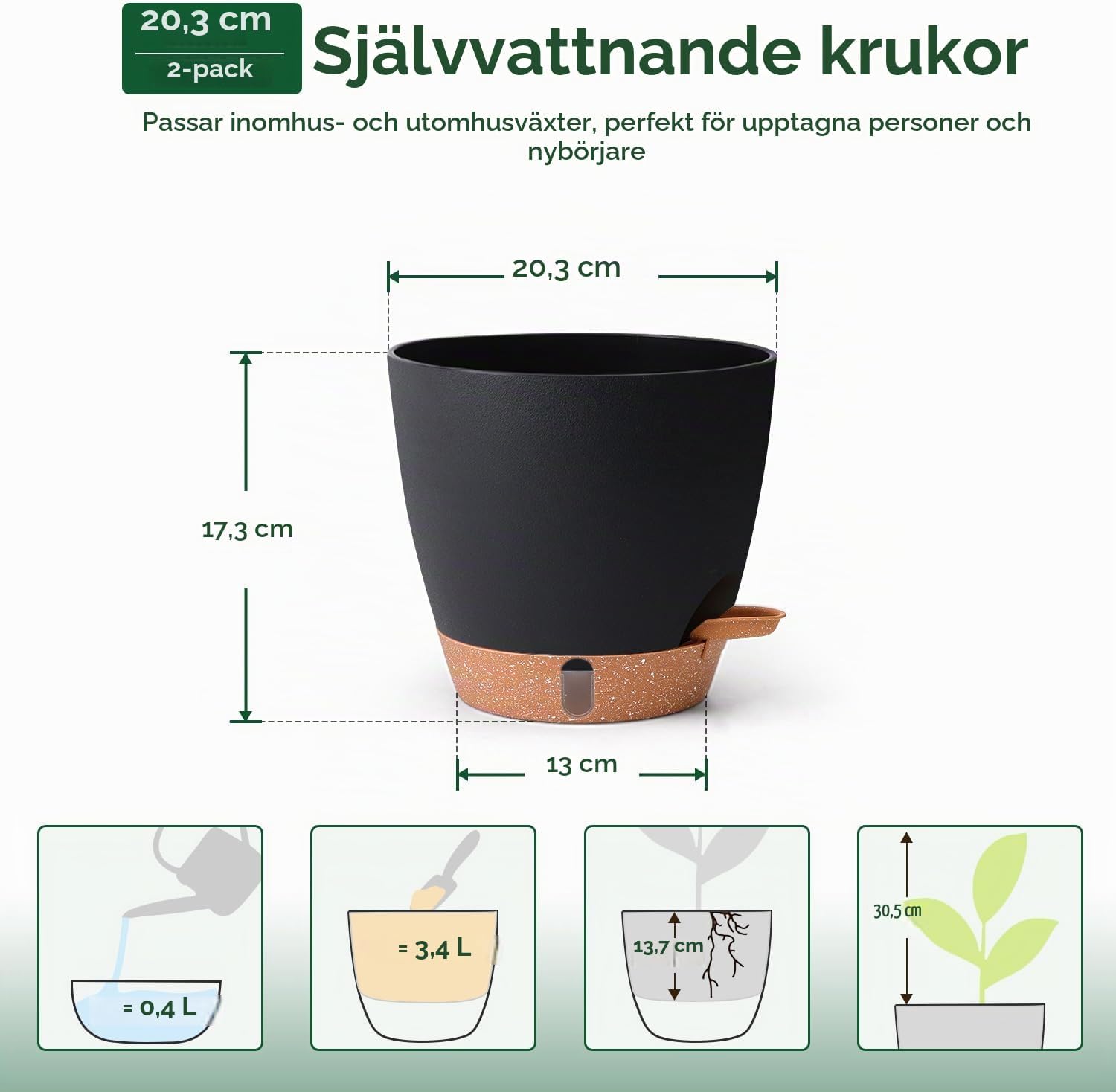 Detalle de T4U självvattnande blomkrukor 20 cm, svarta, 2-pack med synlig vattennivå