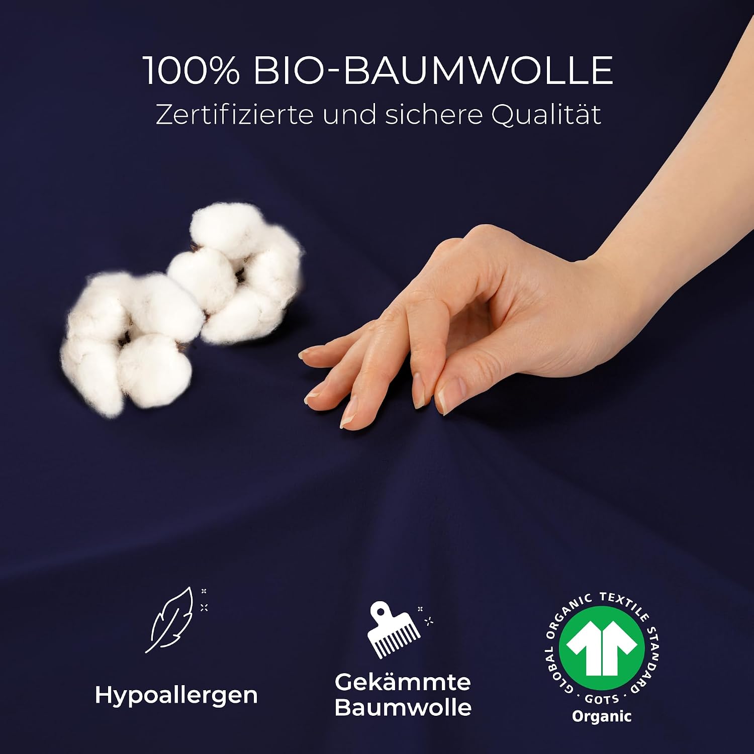 Detalle de Dreamzie Premium Spannbettlaken Dunkelblau 90x200 cm bis 100x200 cm – 100% Bio-Baumwolle, 150 g/m², GOTS & OEKO-TEX