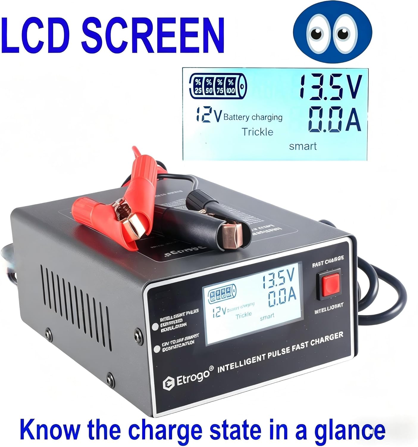 Thumbnail 1 de Etrogo Intelligentes 12V/24V 10A Ladegerät – 5‑Phasen-Ladegerät mit LCD, kompatibel mit Blei-Säure-Batterien
