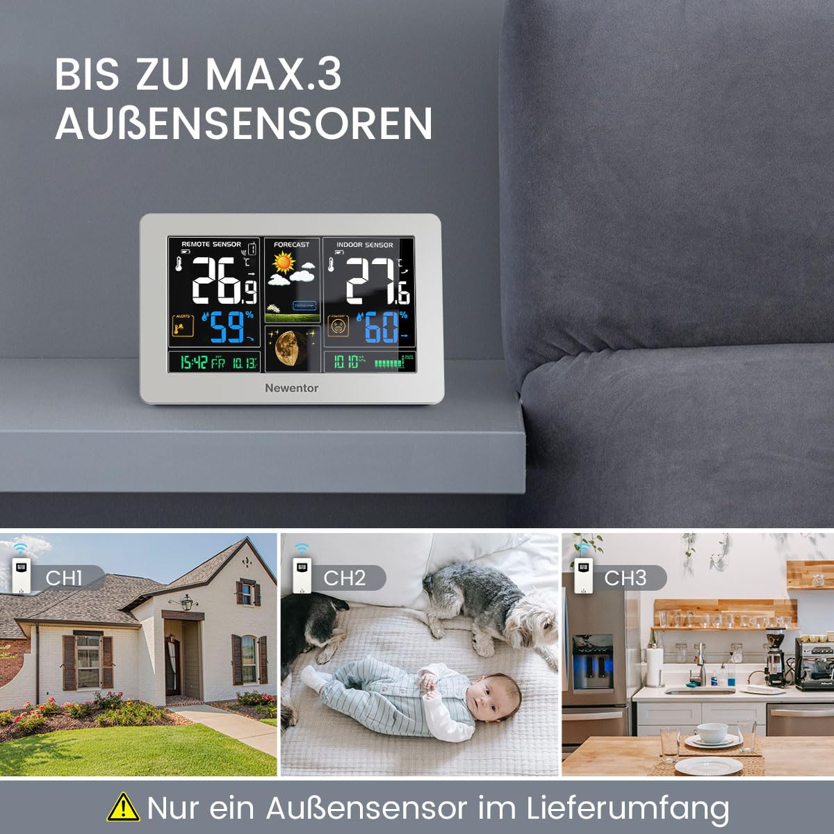 Thumbnail 3 de Newentor Funk-Wetterstation mit Außensensor, DCF-Funkuhr und Wettervorhersage – inklusive Netzbetrieb