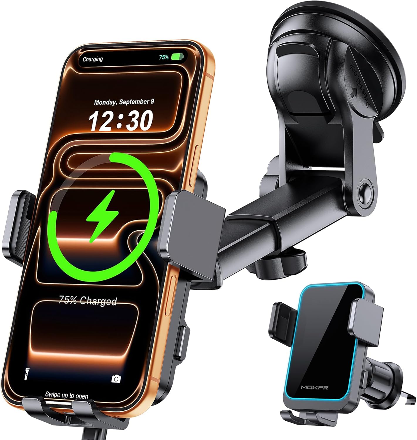 Detalle de MOKPR Car Phone Holder Wireless Charger (15W) with Auto-Clamping Arms, 360° Rotation