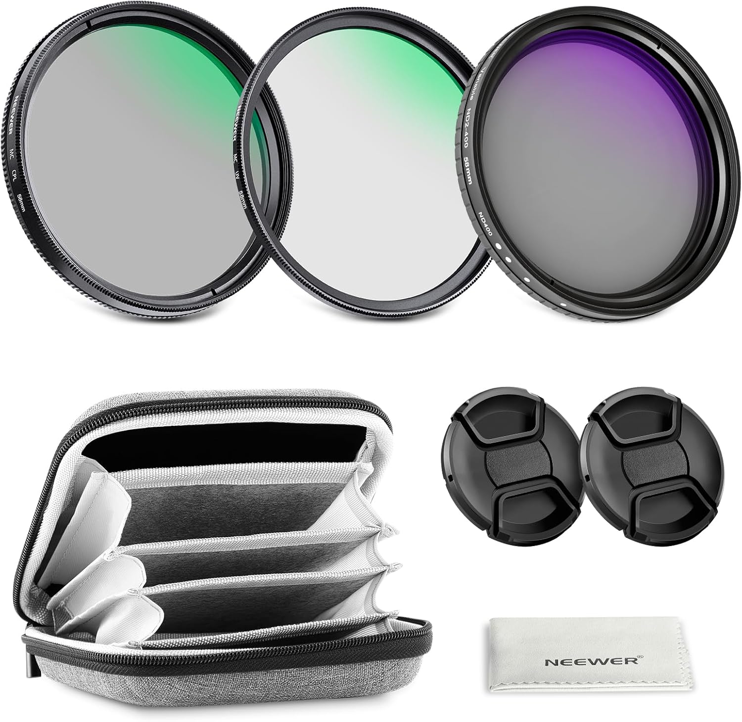 Detalle de NEEWER 58mm Variable ND + CPL + UV Filter Kit (3 Pack) for 58mm Lenses