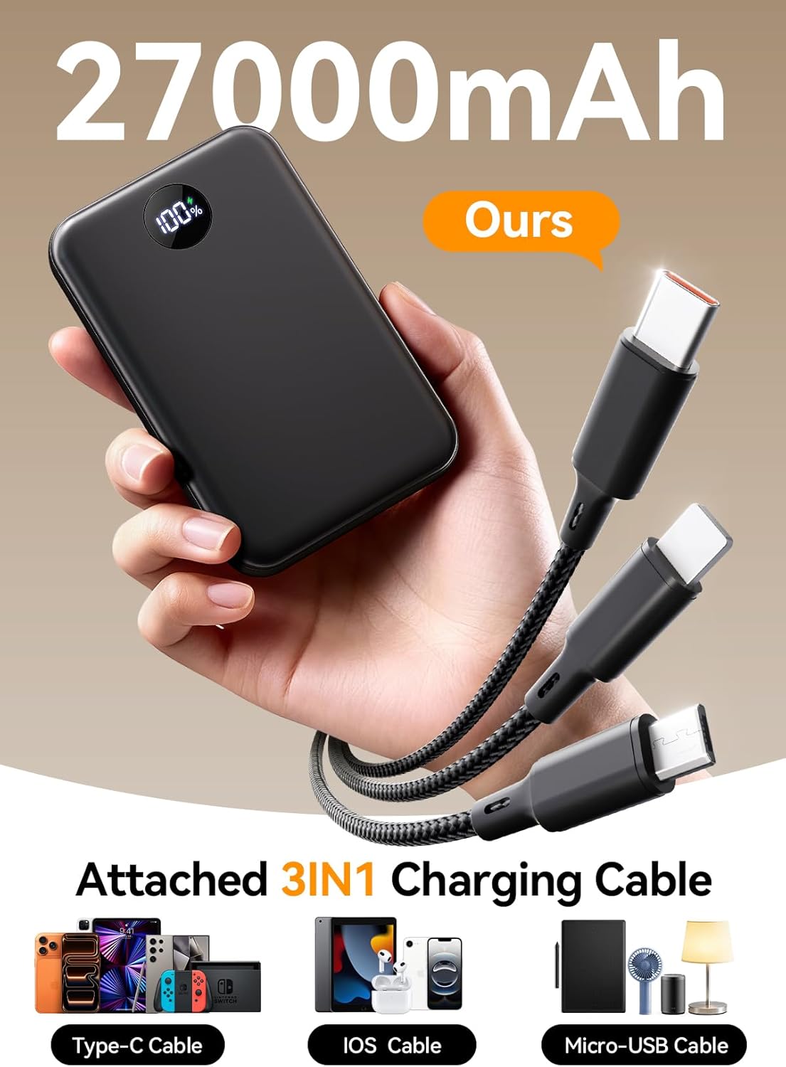 Thumbnail 1 de Power Bank Fast Charging 27000mAh with LED Display – USB-C PD 3.0 & QC 3.0, 1x USB-C + 2x USB-A, 3-in-1 Cable