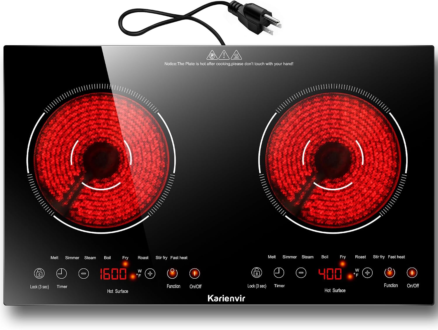 Detalle de Karienvir KEC-PF602SGB-US 2-Burner Electric Cooktop, 110V, 2000W