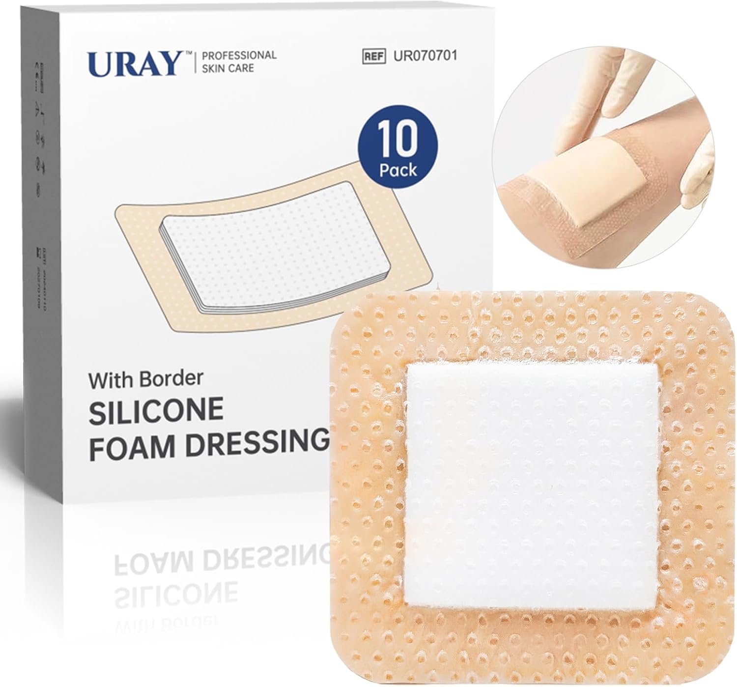 Detalle de URAY 4" x 4" Silicone Foam Wound Dressing with Border, Sterile 10-Pack
