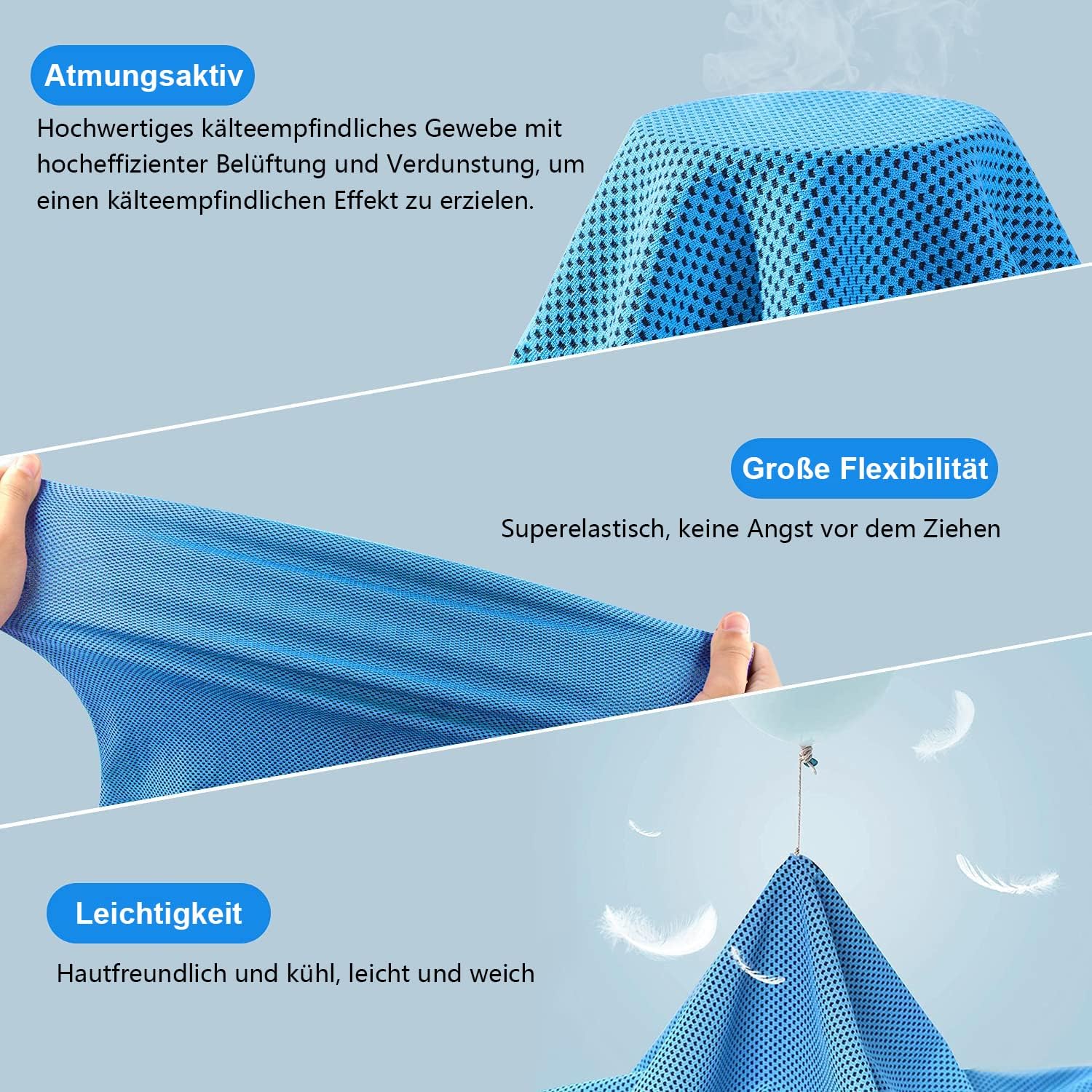 Detalle de Ciskotu Kühltuch Set – Mikrofaser Kühl-Handtuch 90 × 30 cm mit Silikonbox (Blau+Lila+Grau)