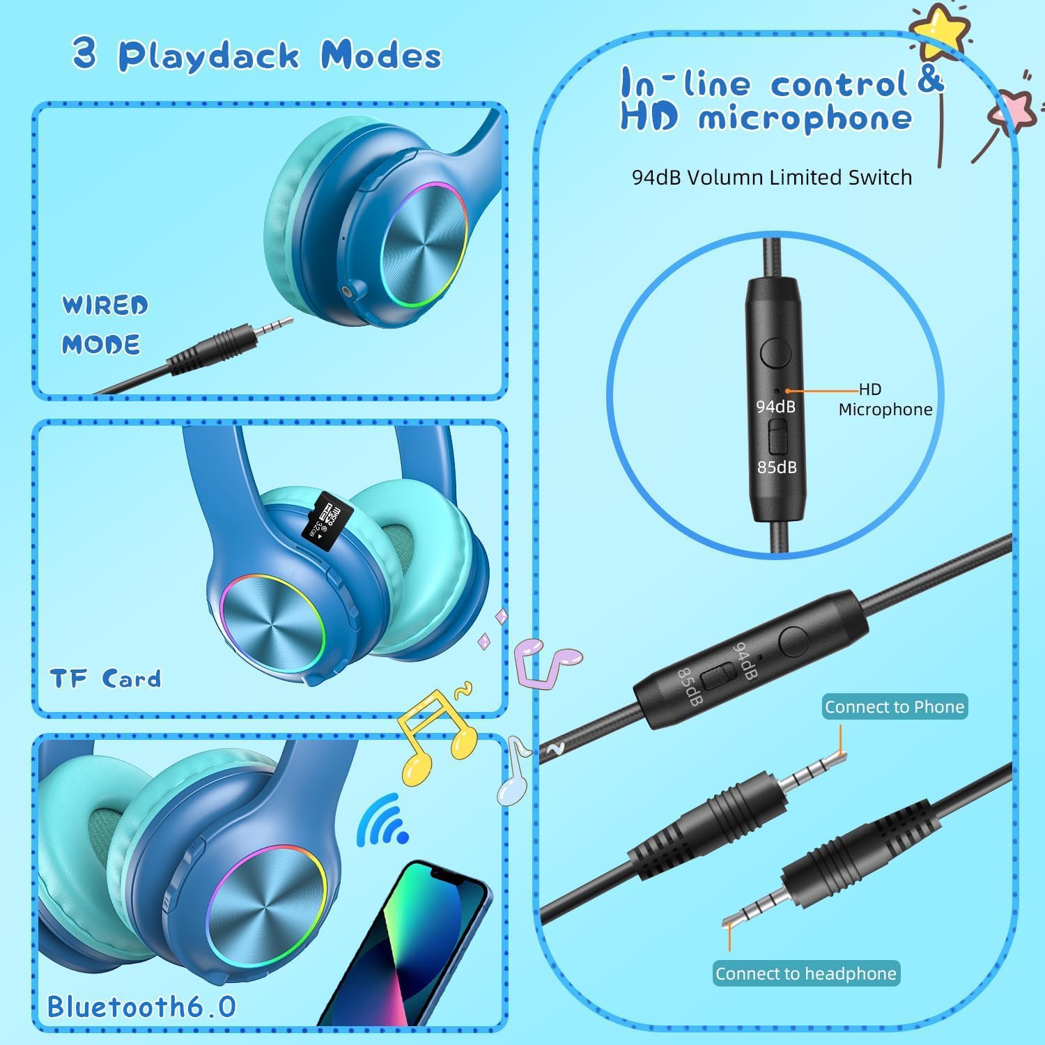 Thumbnail 4 de Candy Bila Kids Bluetooth 6.0 Headphones with LED Light, 85 Hours Playtime, Type-C Fast Charging (Blue)